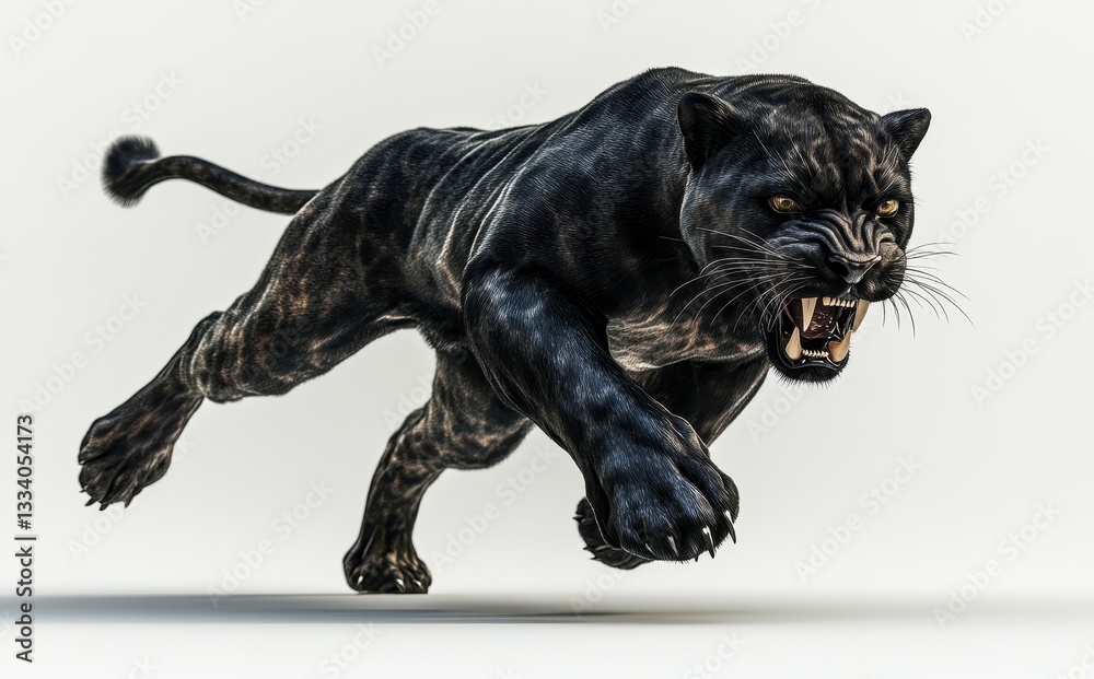 Obraz premium Powerful Black Panther in Dynamic Motion Captured on a Neutral Background, Showcasing Its Strength and Aggression in a Stunning 3D Render