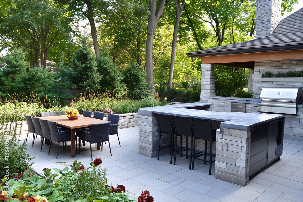outdoor patio entertainment area with a built - in barbecue and a bar setup outdoor patio entertainment area with a built - in barbecue and a bar setup