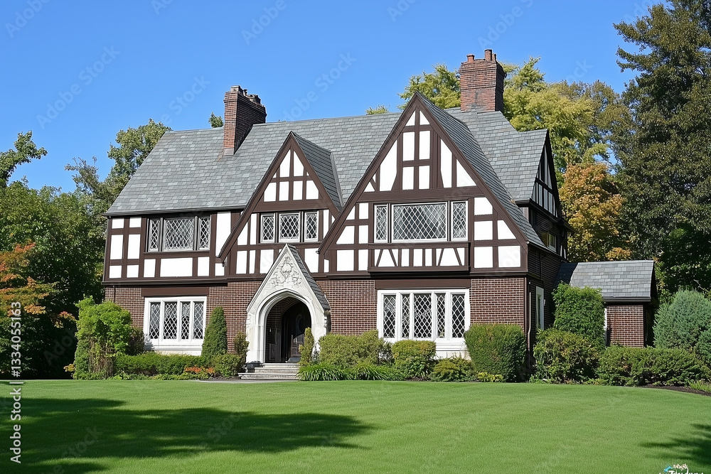 Elegant Tudor-style home with lush green lawn and beautiful landscaping Elegant Tudor-style home with lush green lawn and beautiful landscaping