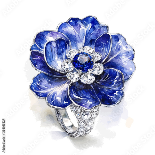 The deep blue sapphire is elegantly framed by petal-like designs. This ring captures the essence of sophistication and artistic craftsmanship.


