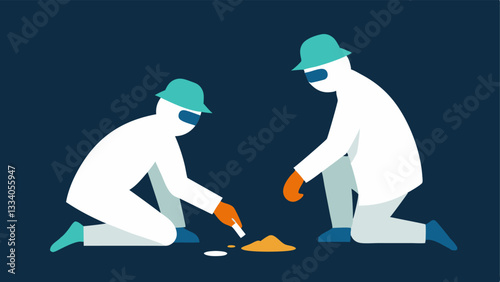 Scene with Multiple Investigators An illustration of two investigators in a crime scene both wearing gloves and carefully collecting evidence like a broken bottle and a piece of