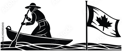 Canadian Canoeing Adventure with National Maple Leaf Flag in Scenic Waters