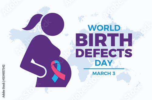 World Birth Defects Day poster vector illustration. Pregnant woman and pink blue awareness ribbon symbol. Expectant mother icon. Template for background, banner, card. March 3 every year