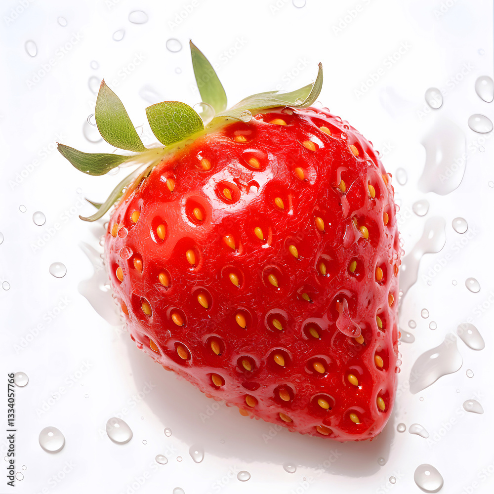 A close up strawberry with water droplets on it, photography, isolated on white background