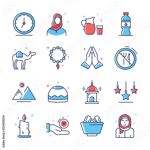 Grab this handy outline collection depicting ramadan month icons 