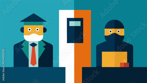 Robbers in Action A splitscreen illustration where one side shows two robbers with masks inside the bank while the other side shows a security guard watching the footage and