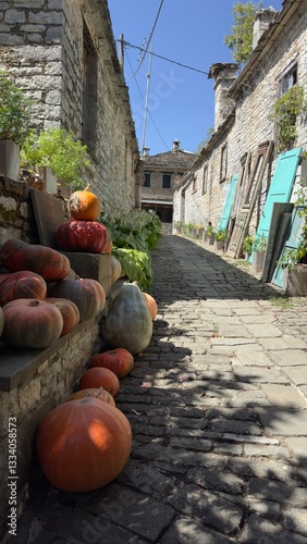 Fototapeta Naklejka Na Ścianę i Meble -  Traditional Papigko village with stone buildings, narrow streets and mountain nature.