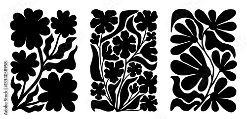 Set of groovy floral botanical black background in trendy naive retro hippie 60s 70s style. Vertical poster with silhouette abstract wavy flower