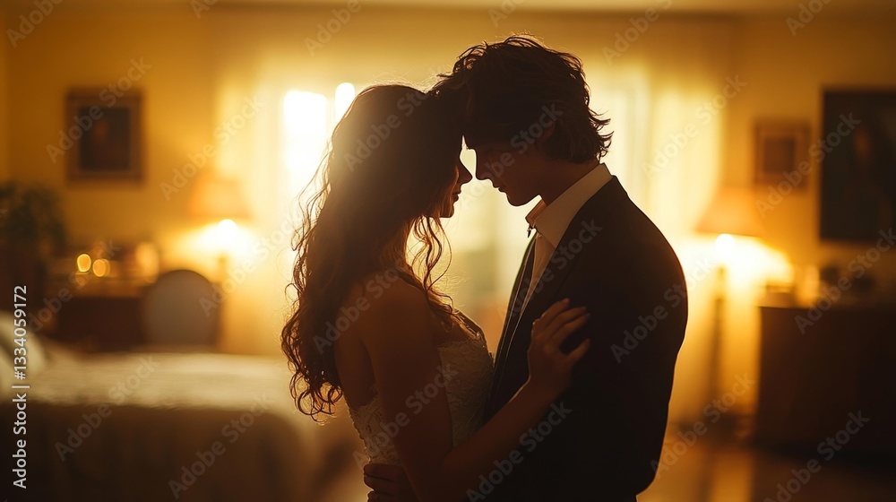Romantic Dance Between a Couple in a Softly Lit Living Room. Generative AI Romantic Dance Between a Couple in a Softly Lit Living Room. Generative AI