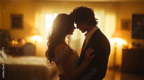 Romantic Dance Between a Couple in a Softly Lit Living Room. Generative AI