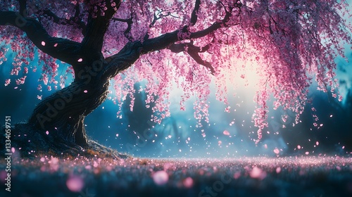 A breathtaking view of a weeping cherry blossom tree in full bloom