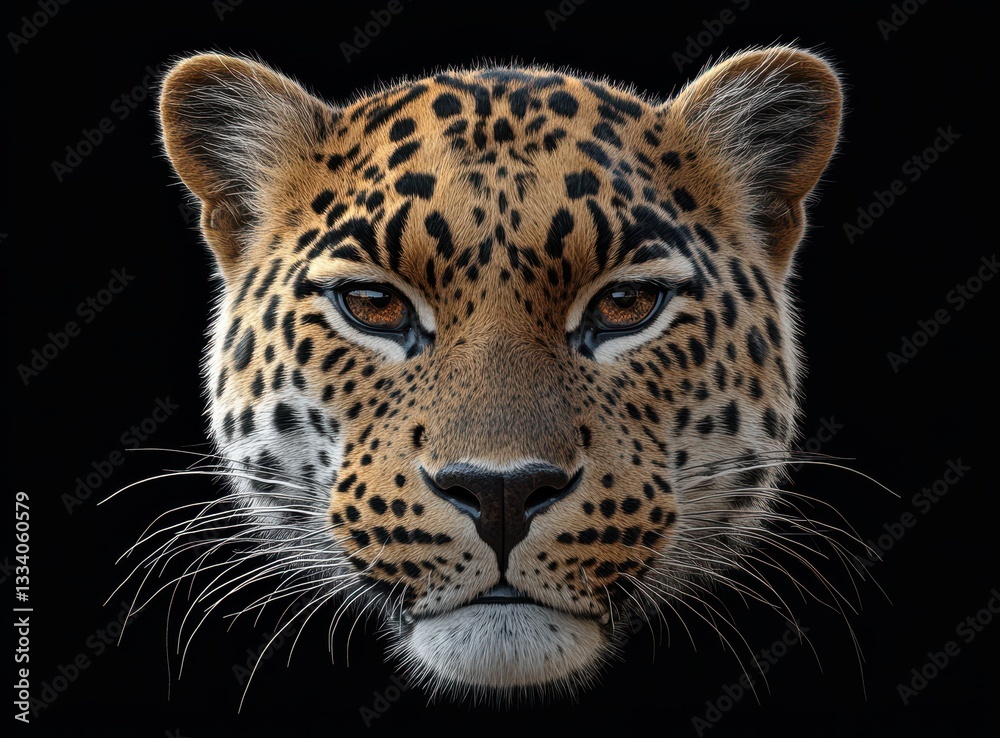 Obraz premium Realistic portrait of a fierce leopard head against a dark background, showcasing intricate patterns and vibrant colors of fur, eyes, and facial features