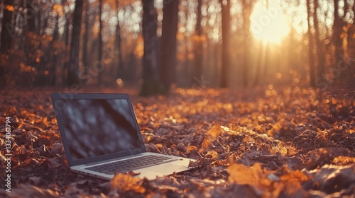 Wallpaper Mural An open laptop sits amongst autumn leaves in sunlight Torontodigital.ca