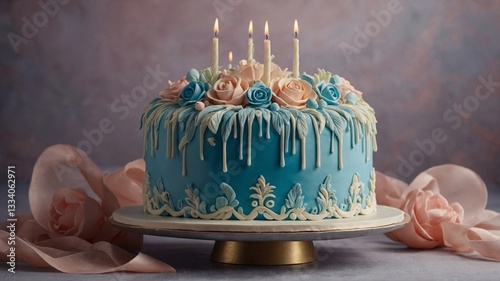 Elegant Blue Drip Cake with Floral Decor – Luxurious Celebration Dessert
