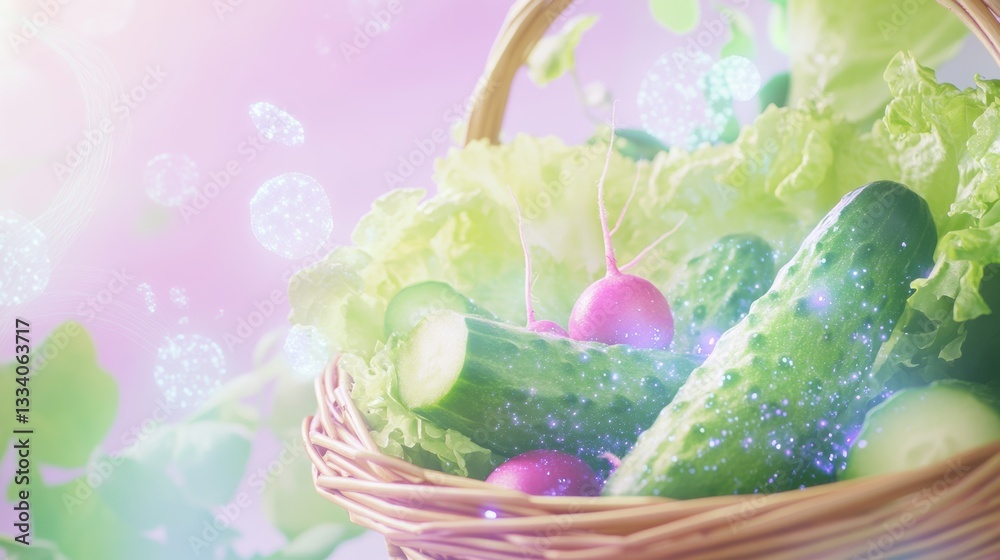 Basket of organic vegetables with glowing probiotic particles and soft pastel background Basket of organic vegetables with glowing probiotic particles and soft pastel background