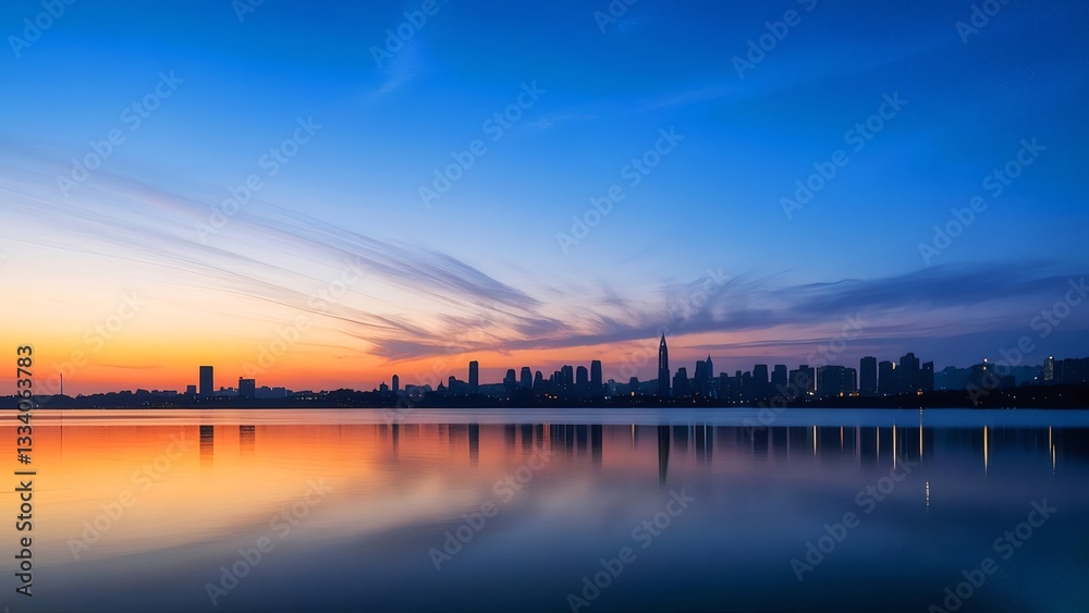 City Skyline Reflected in Calm Lake at Sunset City Skyline Reflected in Calm Lake at Sunset