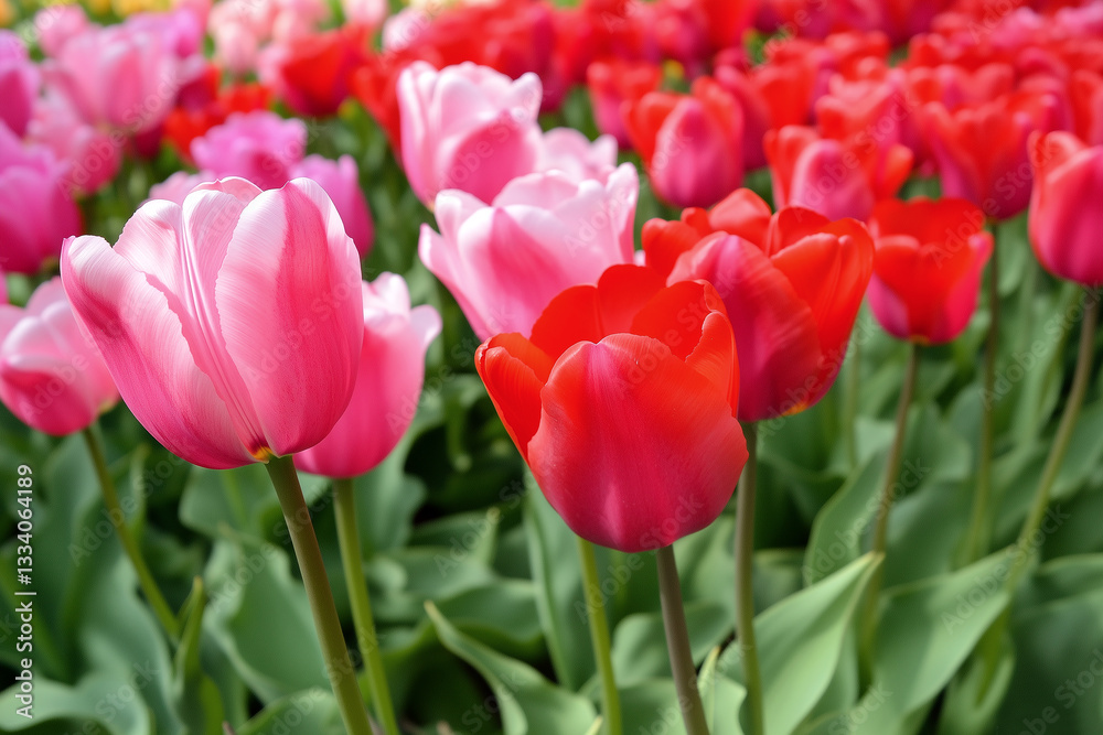 Blooming field of vibrant pink and red tulips in full spring glory Blooming field of vibrant pink and red tulips in full spring glory