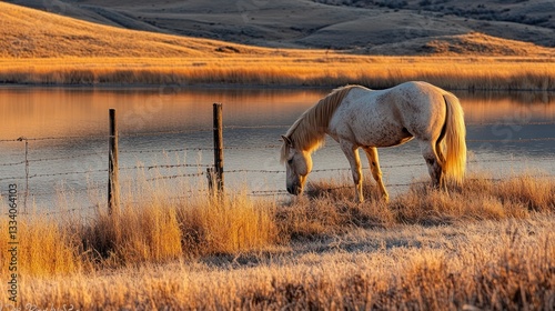 A solitary horse grazes peacefully beside tranquil waters in morning light