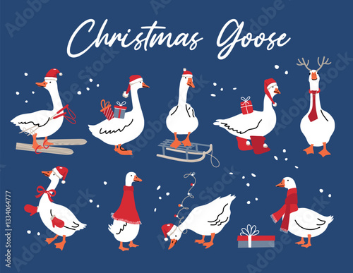 Winter Christmas illustration set with white geese, Christmas design on blue background .Vector illustration
