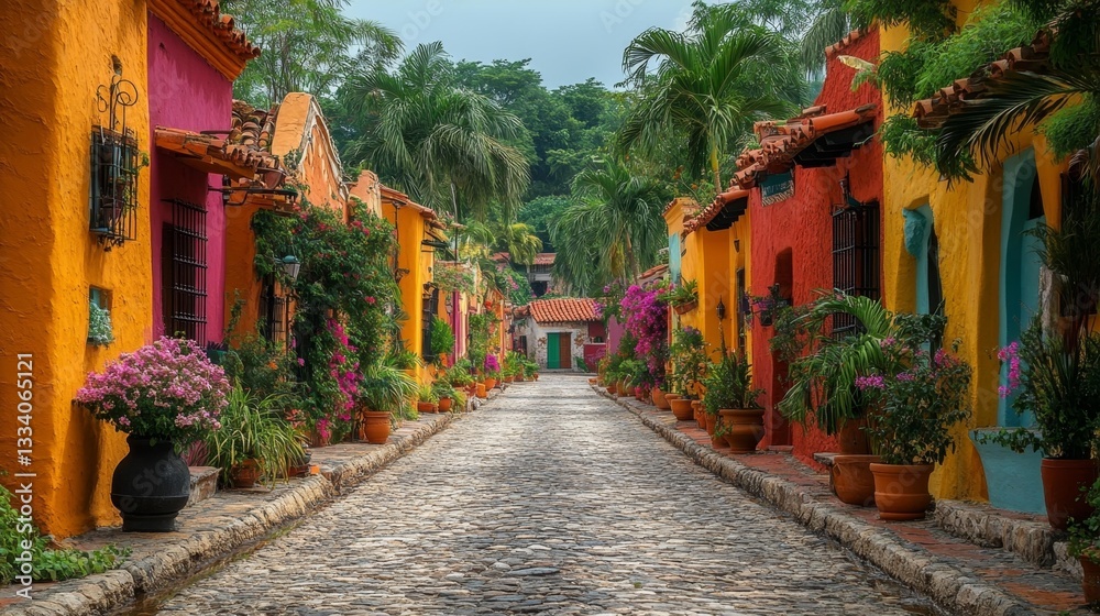 Fototapeta premium Colorful Mexican colonial town with cobblestone streets. Generative AI