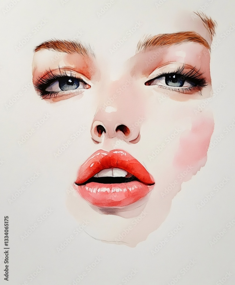 Fototapeta premium Watercolor painting of sensual woman showing glossy lips and intense gaze