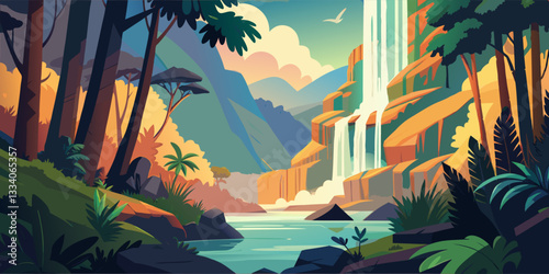 Picturesque Rainforest with Gushing Waterfall and Rich Flora.