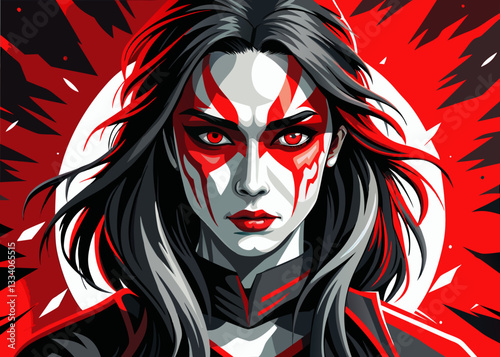 Intense warrior woman with vivid face paint and fierce expression.