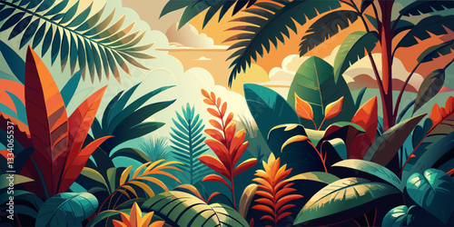 Lush Tropical Forest Landscape with Diverse Plant Life and Sunrise.