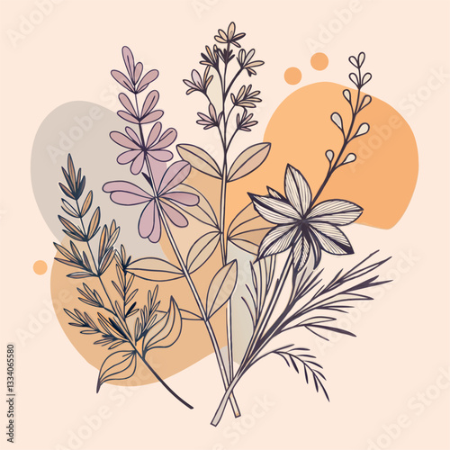 Minimalistic botanical illustration featuring lavender and herbs in soft hues.