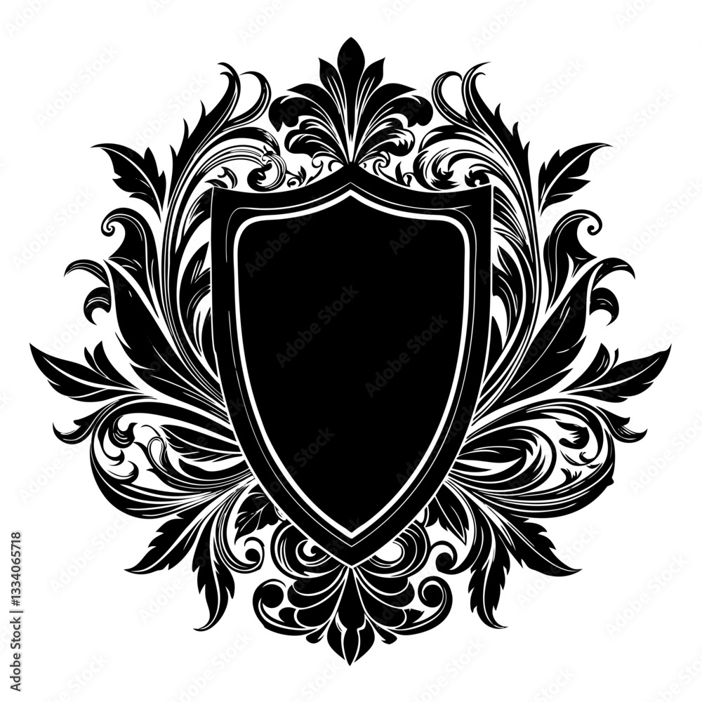 Intricate Black and White Shield with Leaves and Floral. Intricate Black and White Shield with Leaves and Floral.