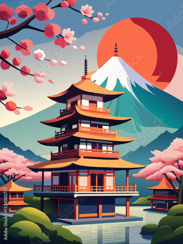 Breathtaking Japanese Landscape with a Traditional Pagoda and Mount Fuji at Sunset.