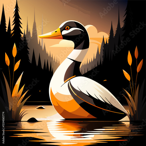 Artistic Depiction of a Duck in a Peaceful Pond Surrounded by Lush Greenery.