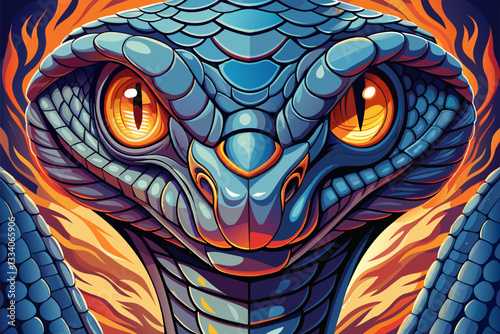 Front view of a menacing snake with glowing eyes and intricate scales in a swirling background.