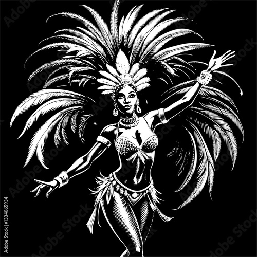 Female dancer in elaborate feathered costume performing a vibrant dance.