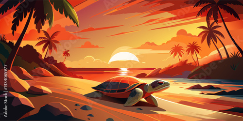 Tropical sunset scene with a sea turtle on the sandy beach.