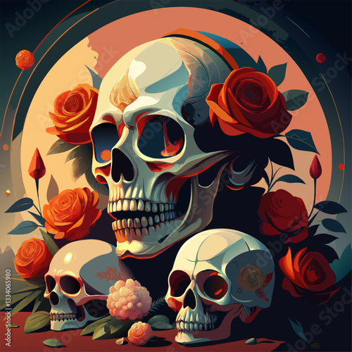 Skulls and Roses Illustration with Dark and Vibrant Colors.