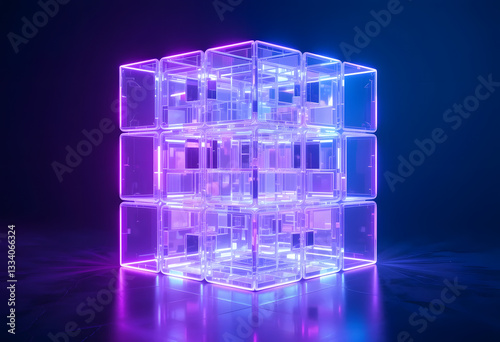 Futuristic Glowing Glass Cube – Neon Sci-Fi Technology Concept.