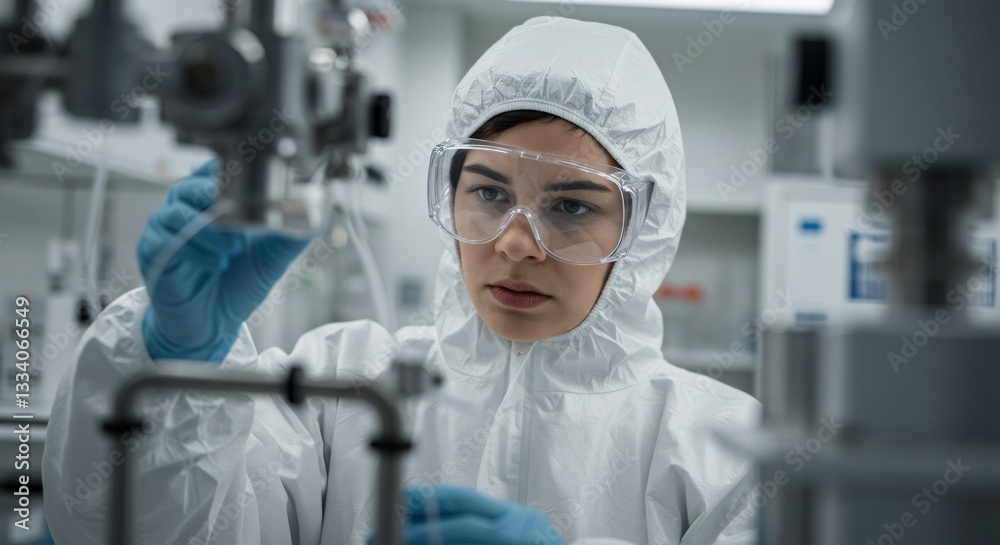 Asian scientist in protective cleanroom suit and face mask standing in pharmaceutical manufacturing laboratory with stainless steel bioreactors and pipelines for medicine production Asian scientist in protective cleanroom suit and face mask standing in pharmaceutical manufacturing laboratory with stainless steel bioreactors and pipelines for medicine production
