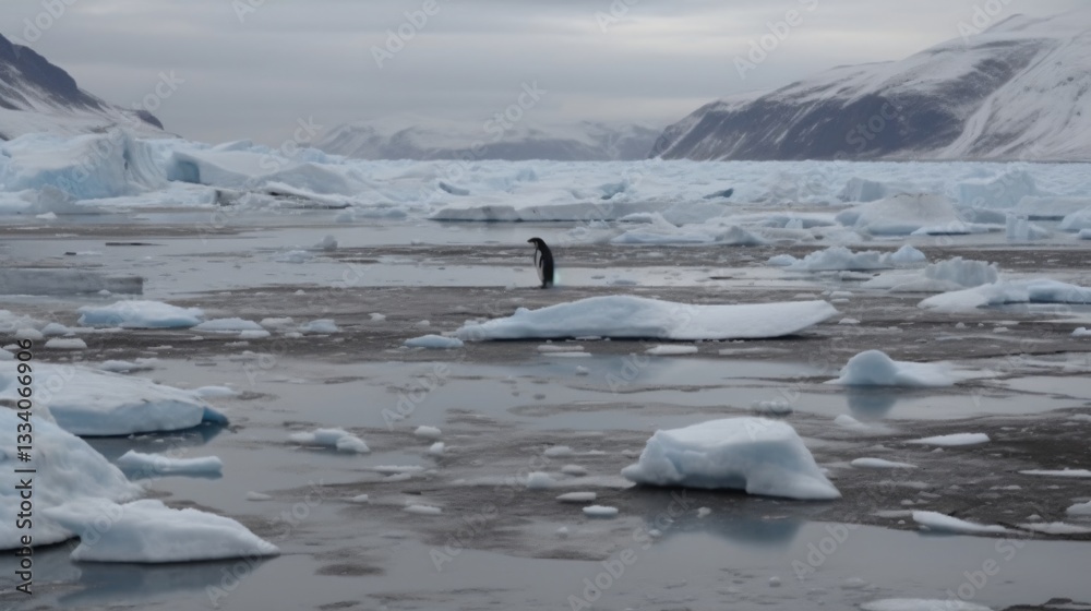 Solitary Penguin Amidst Arctic Icebergs and Mountains Solitary Penguin Amidst Arctic Icebergs and Mountains