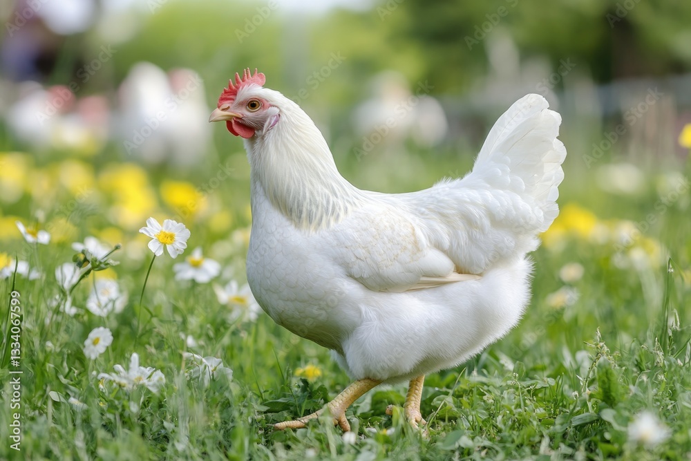 A single white chicken standing on a lush green field, with a serene landscape in the background A single white chicken standing on a lush green field, with a serene landscape in the background