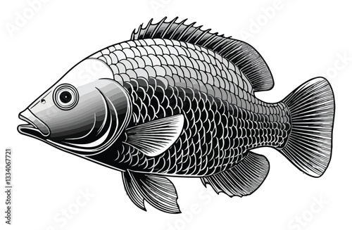 Detailed Line Art of a Fish Resembling Tilapia or Carp, Black and White Vector Illustration with Distinctive Features and Anatomical Accuracy