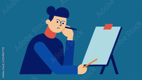 Reflective Moment The artist taking a moment to reflect looking thoughtfully at the drawing board contemplating the witnesss account.