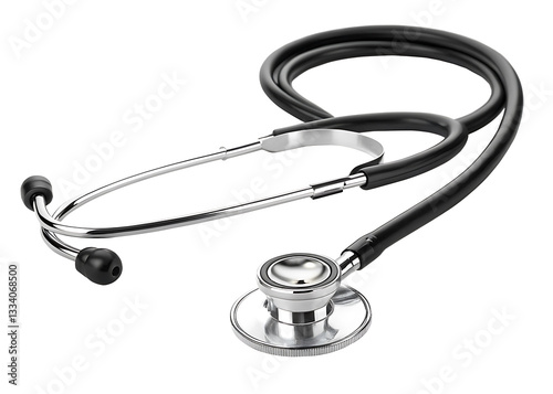 A detailed, high-quality stethoscope, with a black flexible tube and shiny silver chest piece,