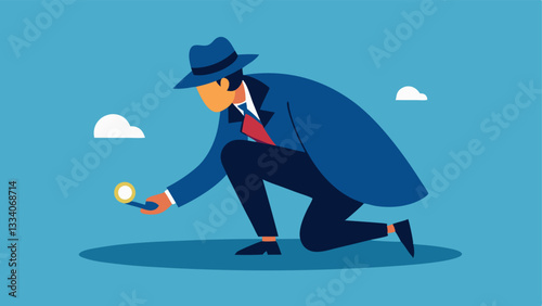 Searching for Clues A vector showing the detective crouching down to inspect an area on the ground outside looking for overlooked evidence in the environment.
