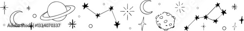 Star celestial divider, border frame, space with blink stars,  planets, comets. Doodle siple line  