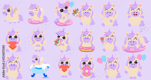 Cute unicorn characters set for kids Adorable mythical creatures illustrations Funny magical animal collection Whimsical pony graphics for children's design Sweet fantasy animal clip art