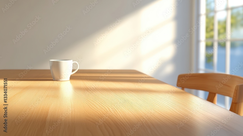 A serene scene featuring a white cup on a wooden table, illuminated by warm sunlight streaming through a window. A serene scene featuring a white cup on a wooden table, illuminated by warm sunlight streaming through a window.