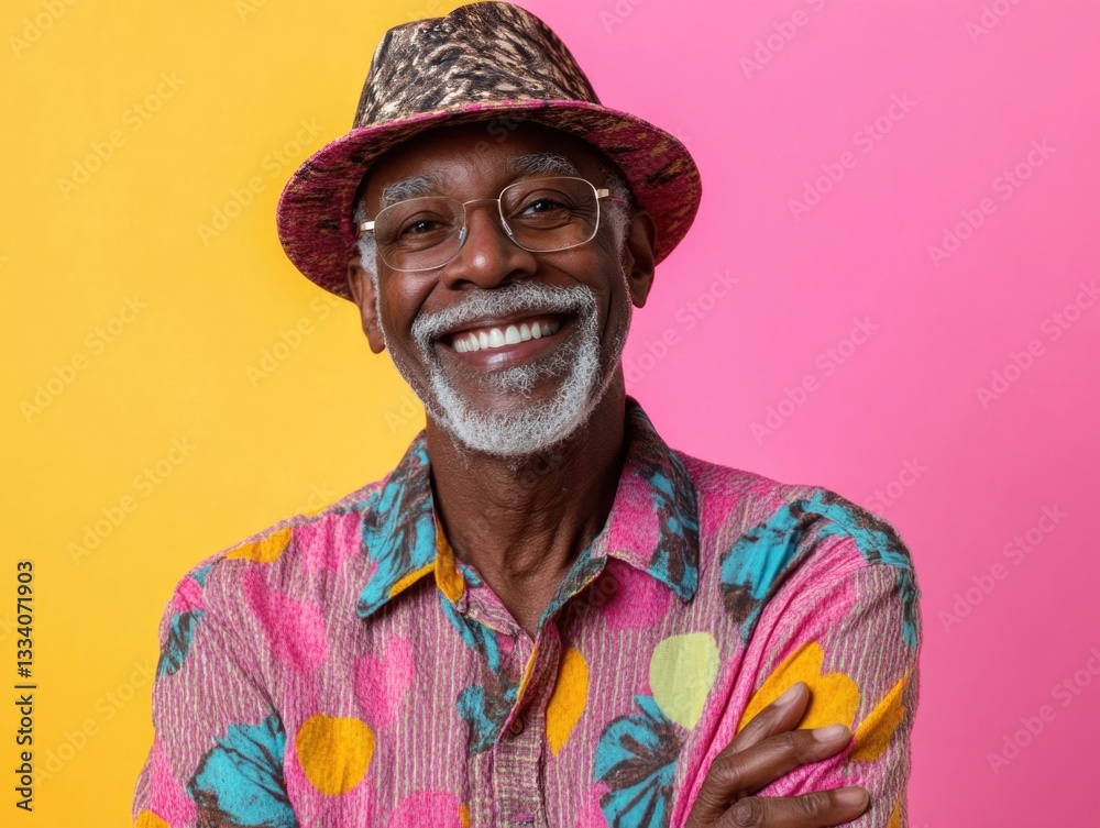 Obraz premium A happy gentleman wearing a hat and glasses, smiling at the camera