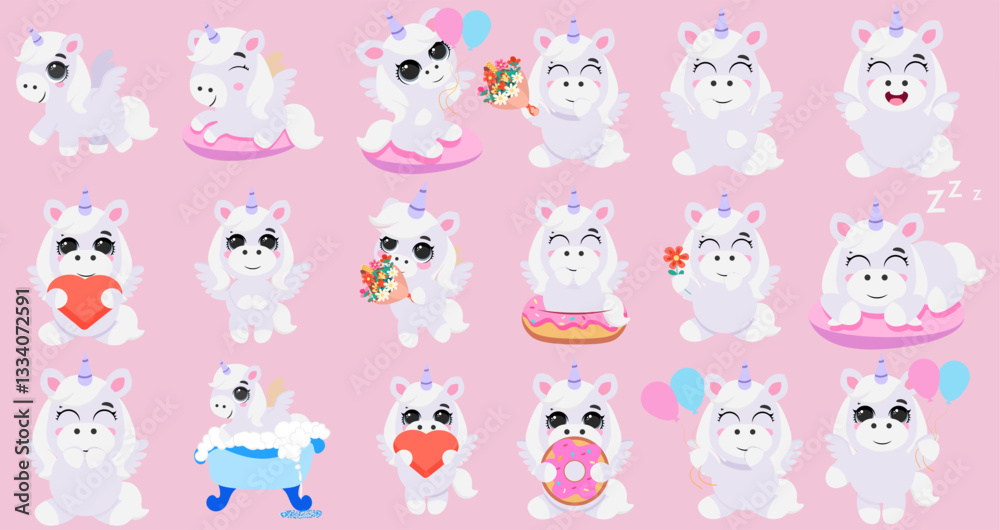 Adorable white unicorn dog character set with cute expressions and activities like sleeping, dancing, holding flowers, perfect for stickers, cards, kids designs and festive themes Adorable white unicorn dog character set with cute expressions and activities like sleeping, dancing, holding flowers, perfect for stickers, cards, kids designs and festive themes