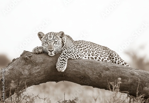 Serene Leopard Resting on a Branch in a Soft Sepia Tone Landscape, Captivating Wildlife Scene in Natural Habitat